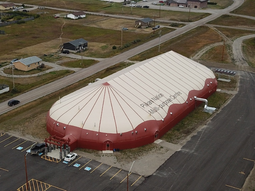 Piikani Nation Multi-purpose Centre. Aerial photo of the fabric building.